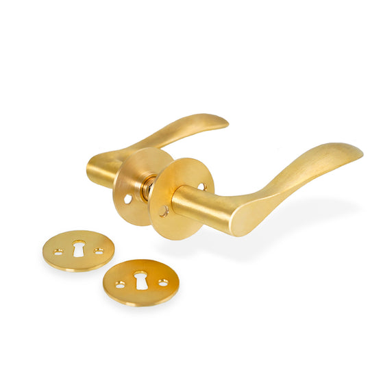 Bellevue dørhündtag i børstet messing uden lak inkl. roset og nøgleskilt c/c 30 mm