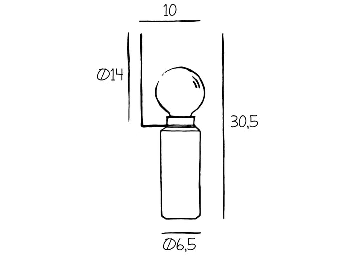 Produkt tegning af Blindspot lampen. Lampen måler 30,5 cm i højden og 10 cm i bredden.