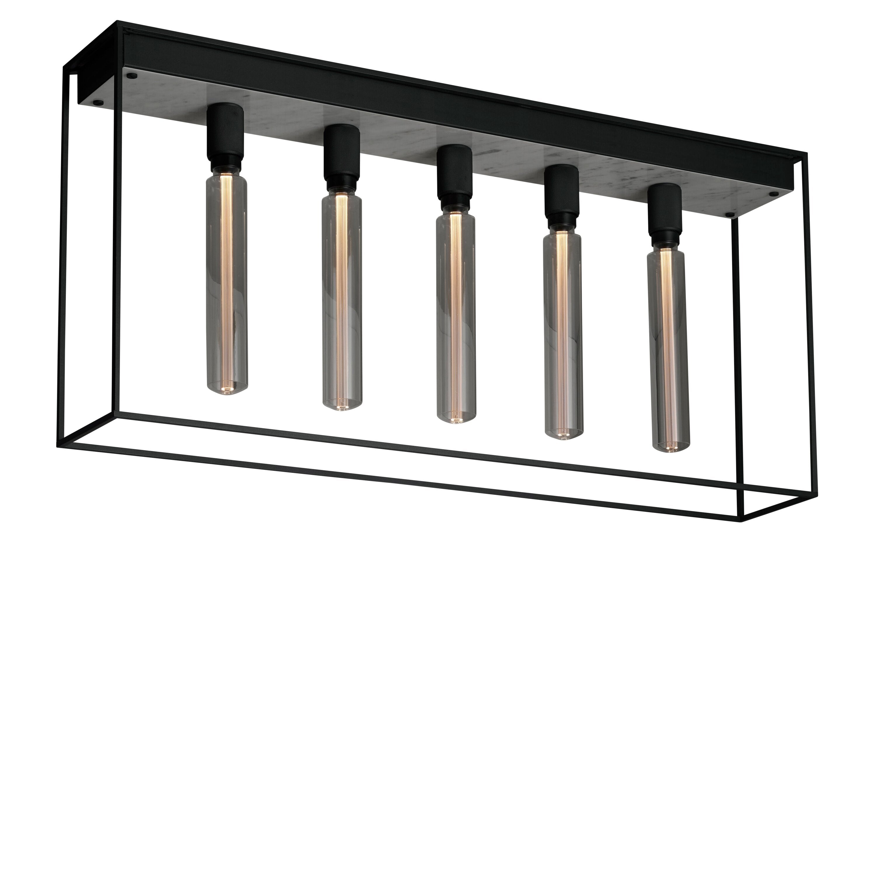 Caged loftlampe med fem pære fra Buster and Punch i sort med bagpanel i hvid marmor.