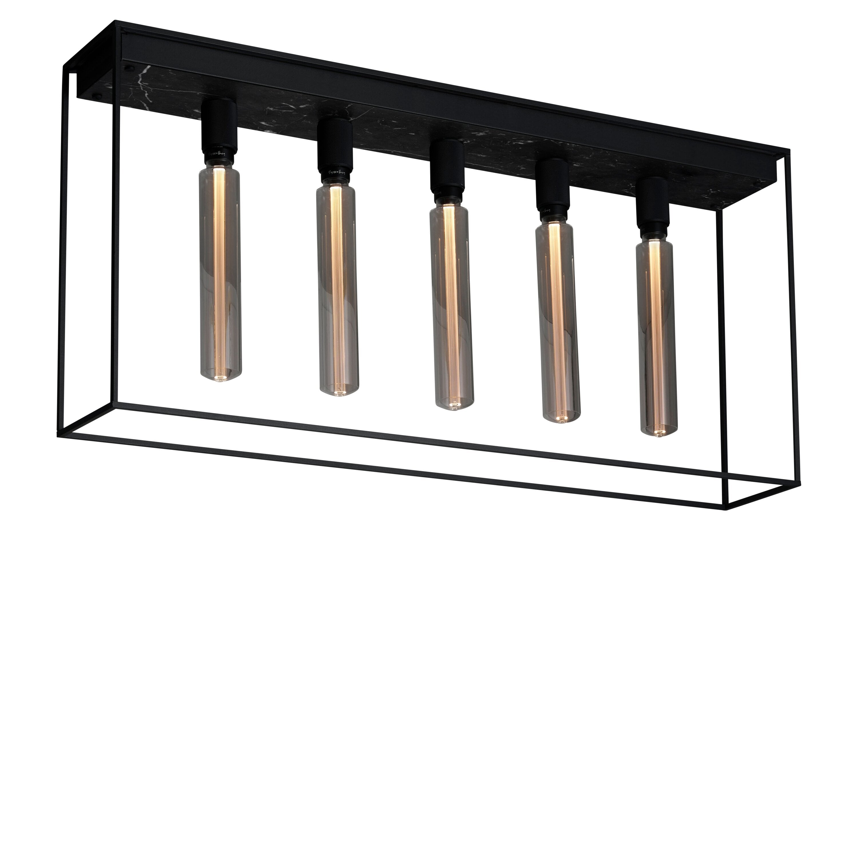 Caged loftlampe med fem pære fra Buster and Punch i sort med bagpanel i sort marmor.