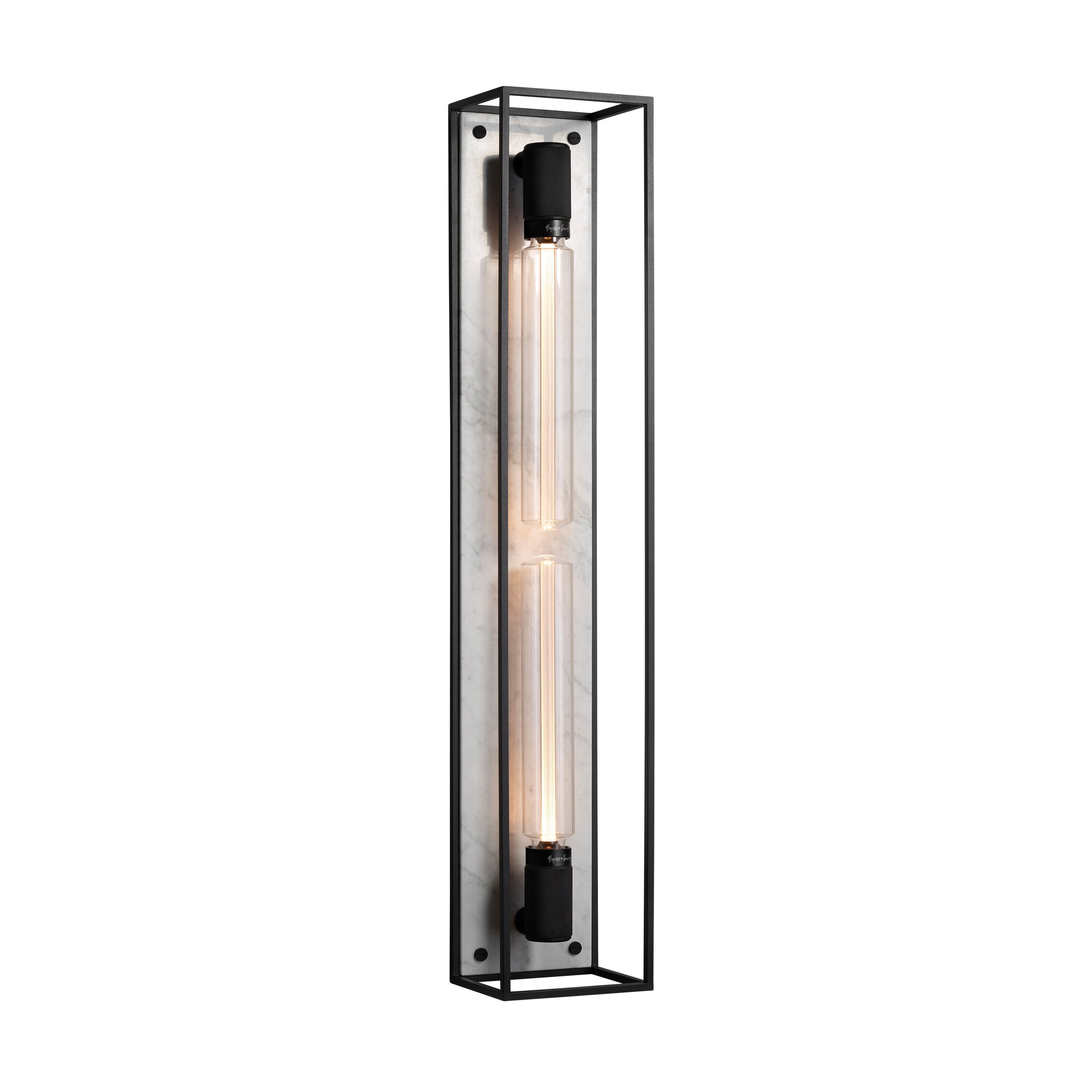 Buster and Punch caged wall lamp X-large i sort metal med bagplade i hvid marmor.