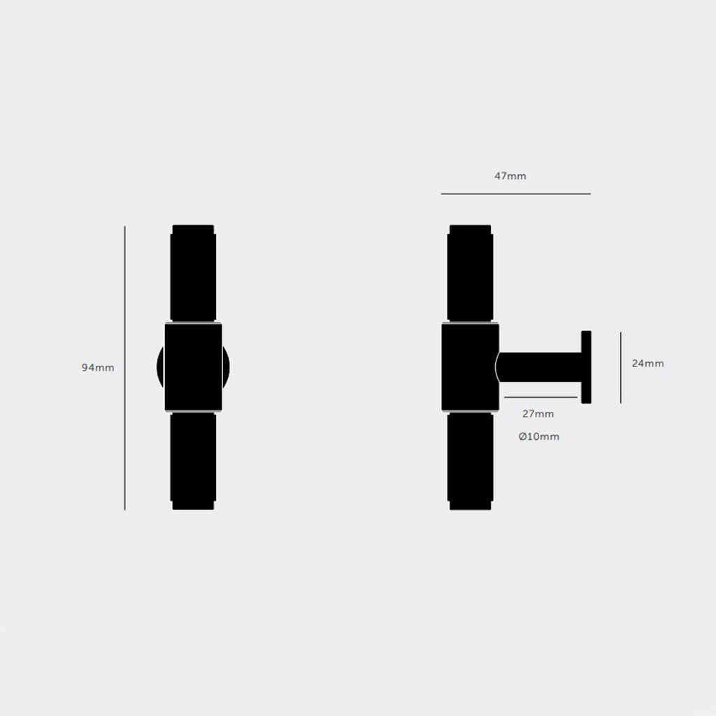 Eksklusiv T-bar køkkenknop fra Buster + Punch i massiv messing med diamond cut (cross) mønster - produkttegning.