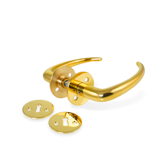 CoupÊ dørhündtag i blank messing uden lak inkl. roset og nøgleskilt c/c 30 mm