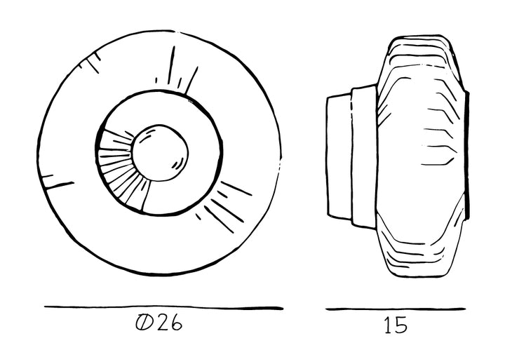 Produkt tegning af new wave optic wall. Lampen måler en diameter på 26 cm og en dybde på 15 cm.