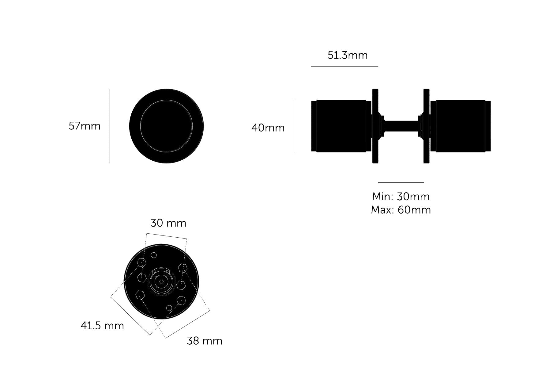 Produkt tegning af dørgreb inkl. mål.