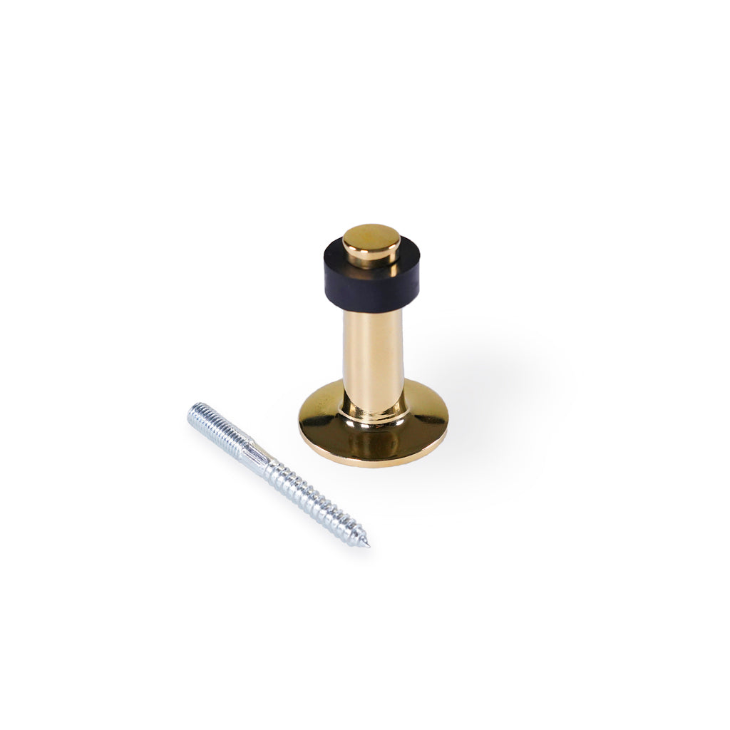 Dørstopper: Dørstopper i massiv blank messing uden lak med sort gummibånd. Højde 70 mm.