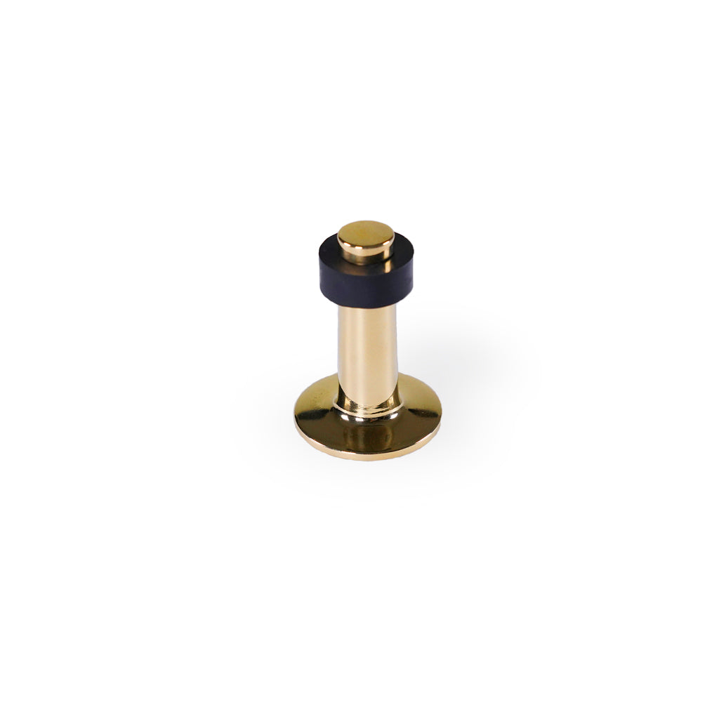 Dørstopper: Dørstopper i massiv blank messing uden lak med sort gummibånd. Højde 70 mm.