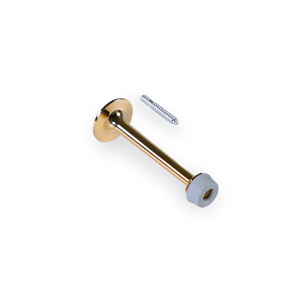 Dørstopper: Dørstopper i massiv blank messing uden lak og hætte i grå gummi med skrue. 95 mm.