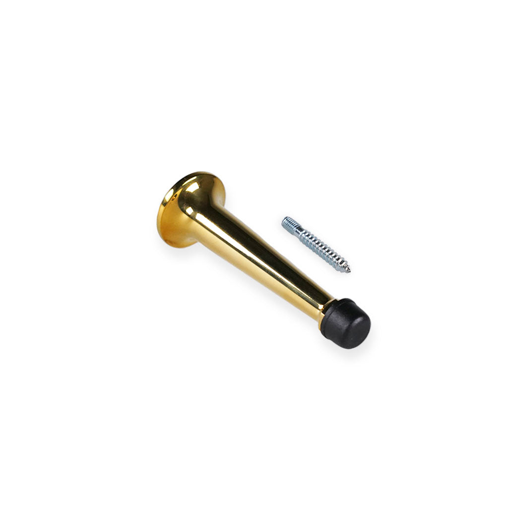 Dørstopper i massiv messing uden lak og sort plast hætte til montering i væg med dertilhørende skrue