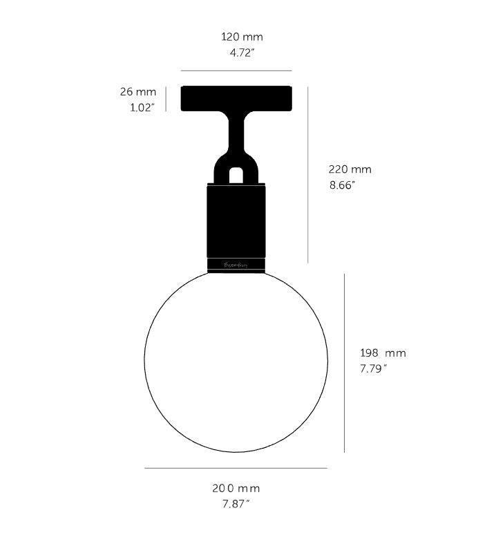 Stregtegning af lodtlampe, med mål.