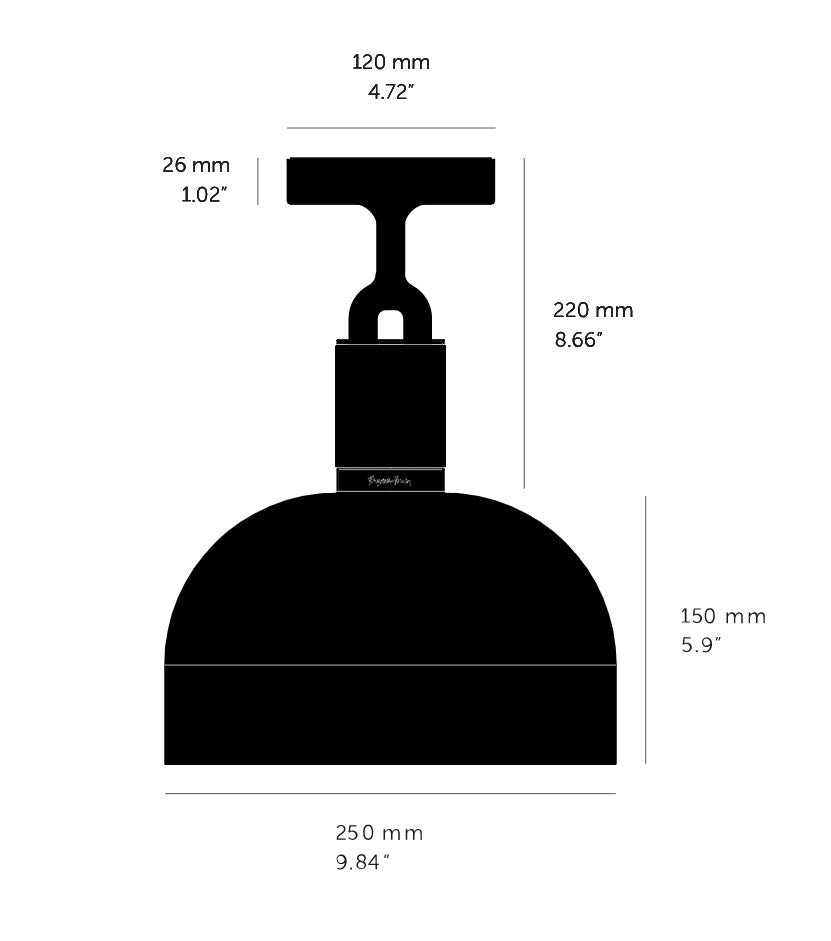 Stregtegning af loftlampe, med mål.