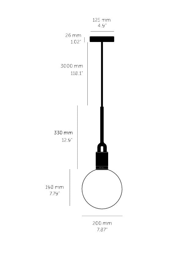 Stregtegning af lampe med mål.