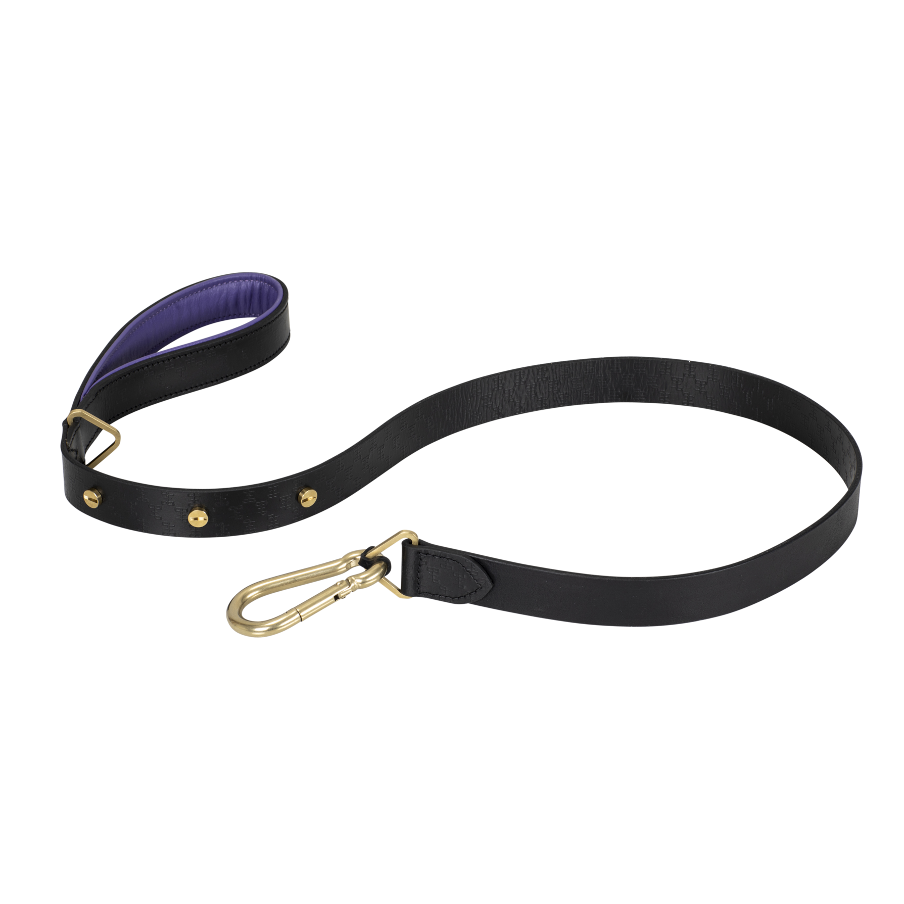 Hundesnor i sort og lilla læder med detaljer i messing, på hvid baggrund.