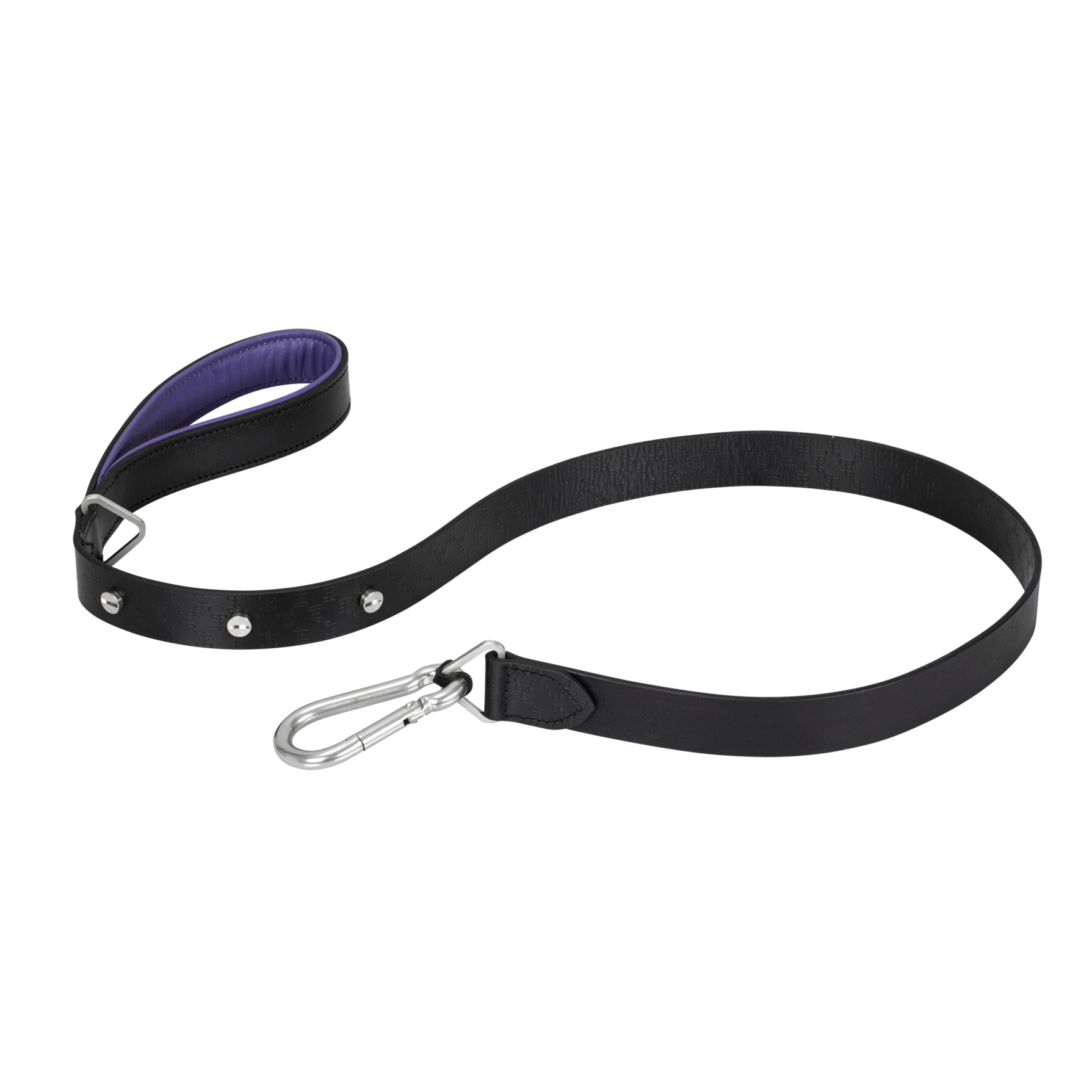 Hundesnor i sort og lilla læder med detaljer i stål, på hvid baggrund.