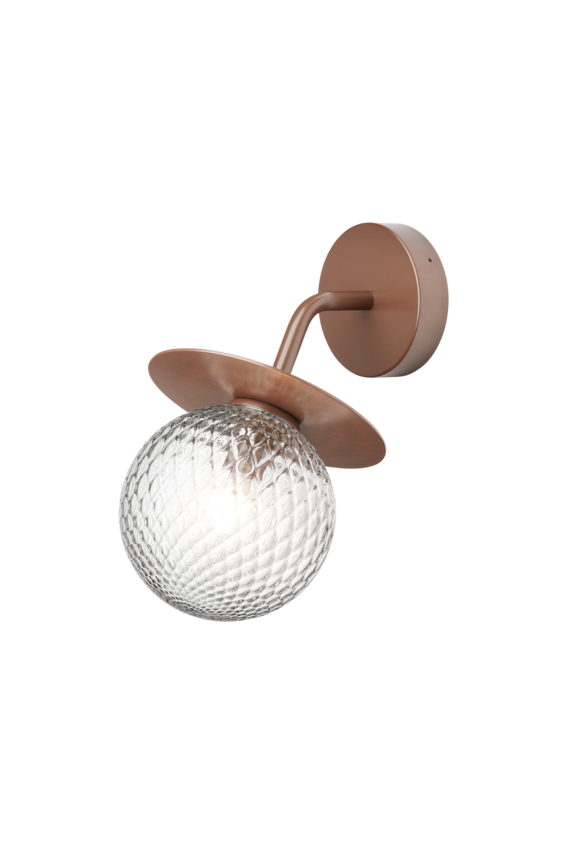 Væglampe med rund skærm af klart optikglas og bronzefarvet stel, på hvid baggrund