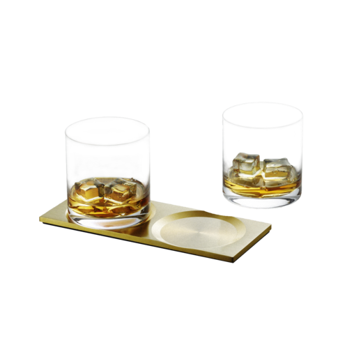 Bakke i messing med et sæt af to medfølgende whisky glas.
