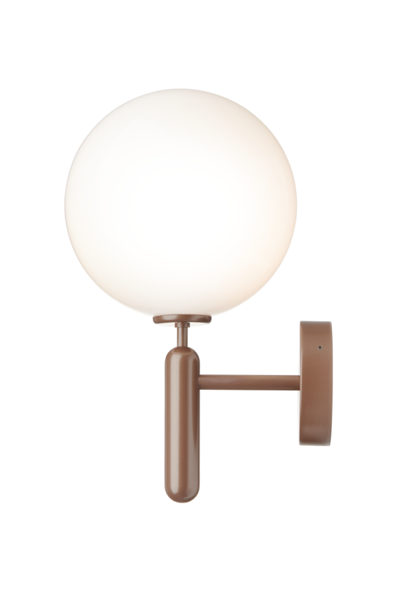 Væglampe med rund skærm af opalglas og bruneret stel, på hvid baggrund