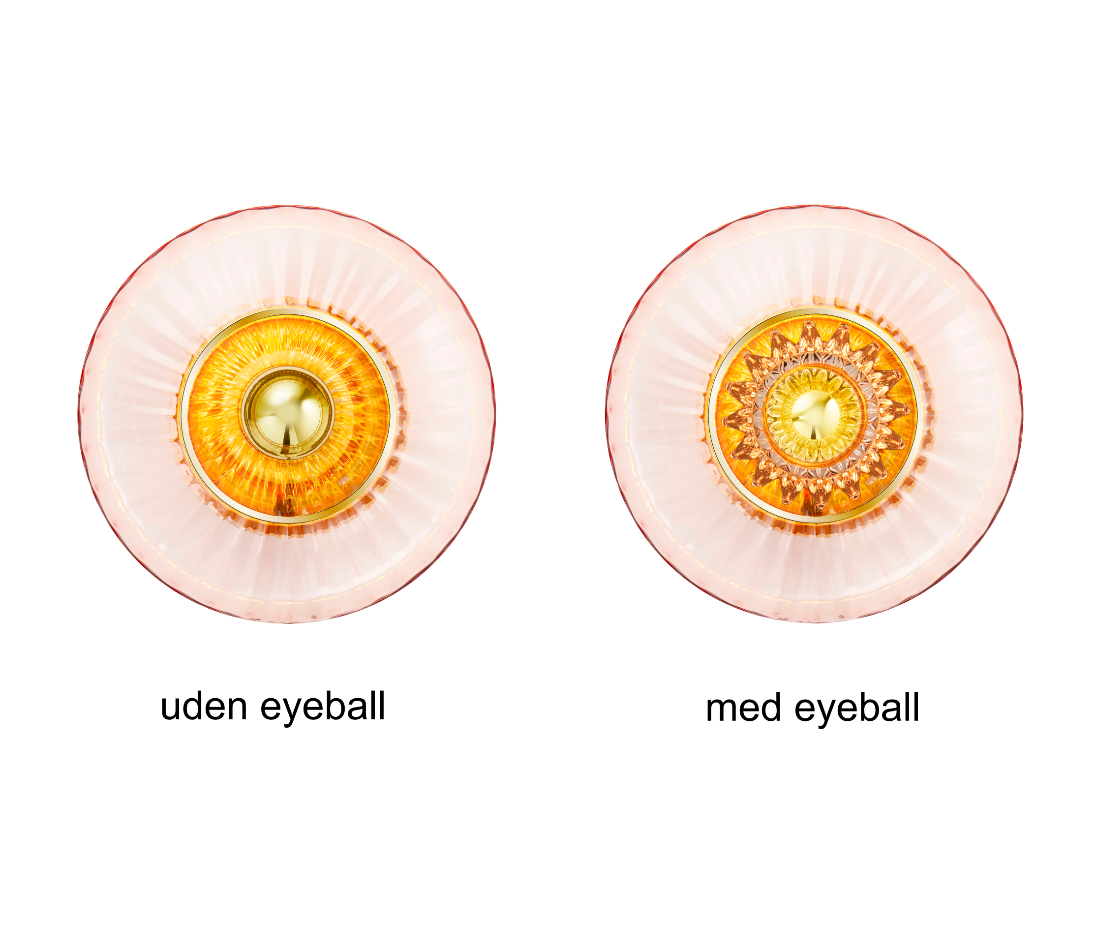 Rund væglampe i rosa plisseret glas, som skaber et lysspil på væggen. Her vises lampen med og uden eyeball tilbehøret. 