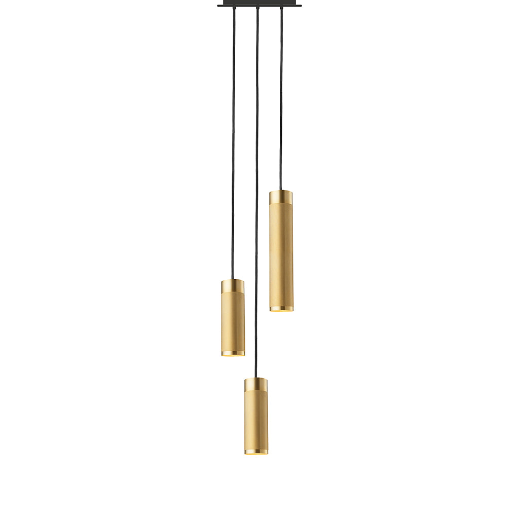 Loftlampe med tre pendler i massiv messing med diamant slebet mønster og sort stofledning
