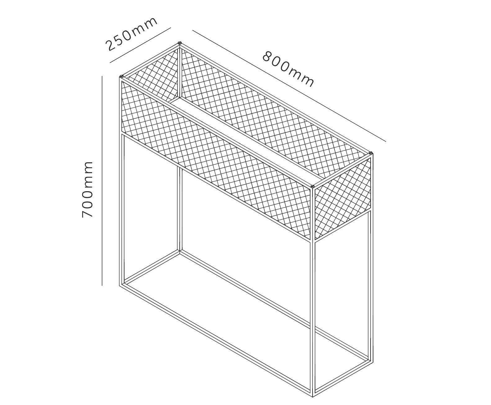 Firkantet og sort plantekasse i stålramme med meshed/hullet design på siderne. Der medfølger detaljer/skruer i både stål og messing.