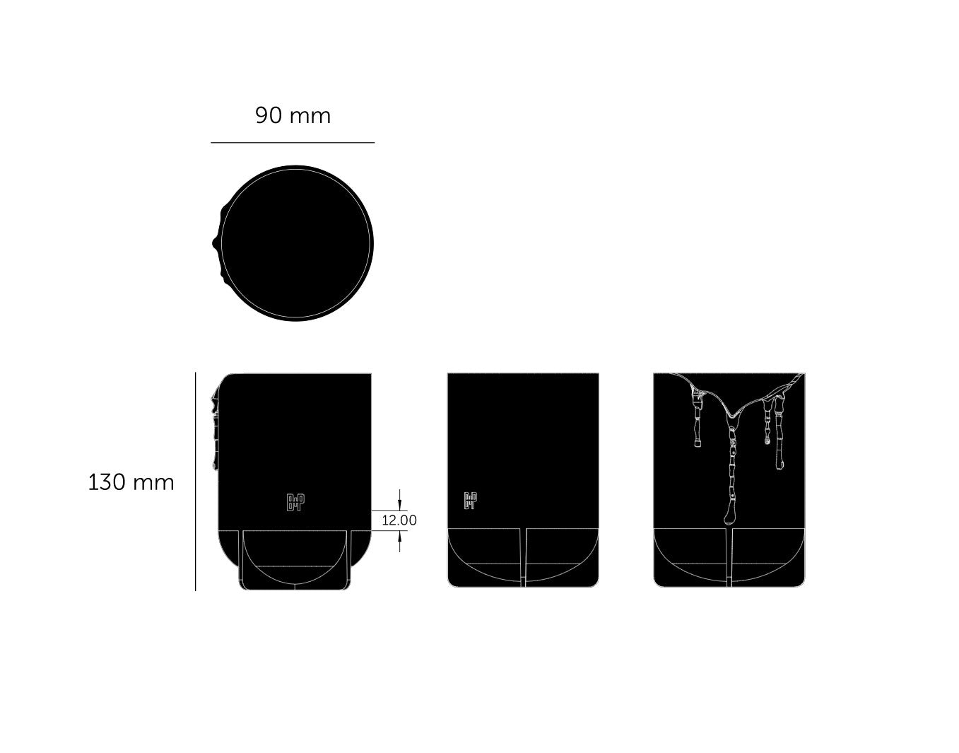Stregtegning af lysestage, med mål.
