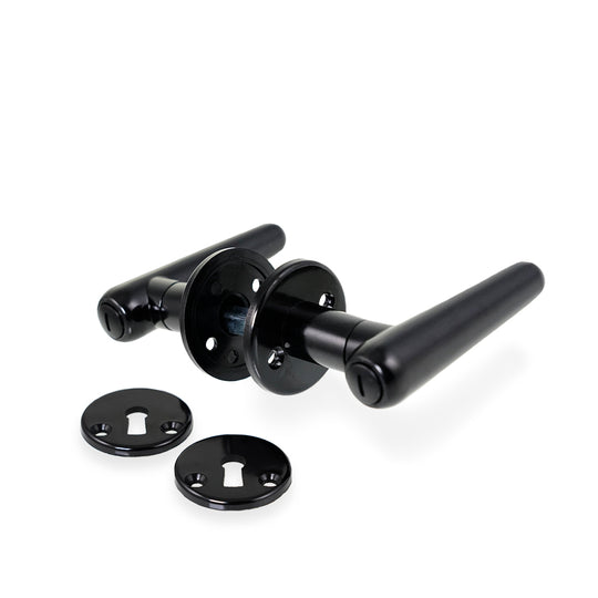 Torpedo dørhündtag i sort bakelit inkl. roset og nøgleskilt til nye og Ìldre døre