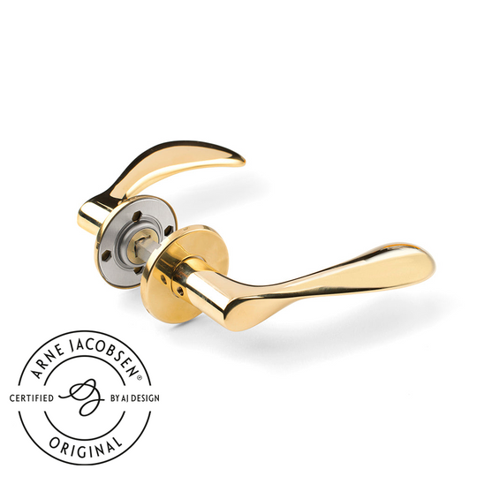 Arne Jacobsen dørhåndtag - AJ97 dørgreb i blank messing, lille model med snap-on cover  • d line