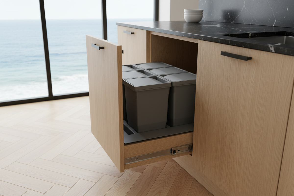 Affaldssystem til køkkenskuffe med 4x9 liter spande i mørkegrå • Bornholm 4-36 - Copenhagenhomedesign