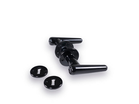 Torpedo dørhåndtag i sort bakelit inkl. roset og nøgleskilt til ældre døre