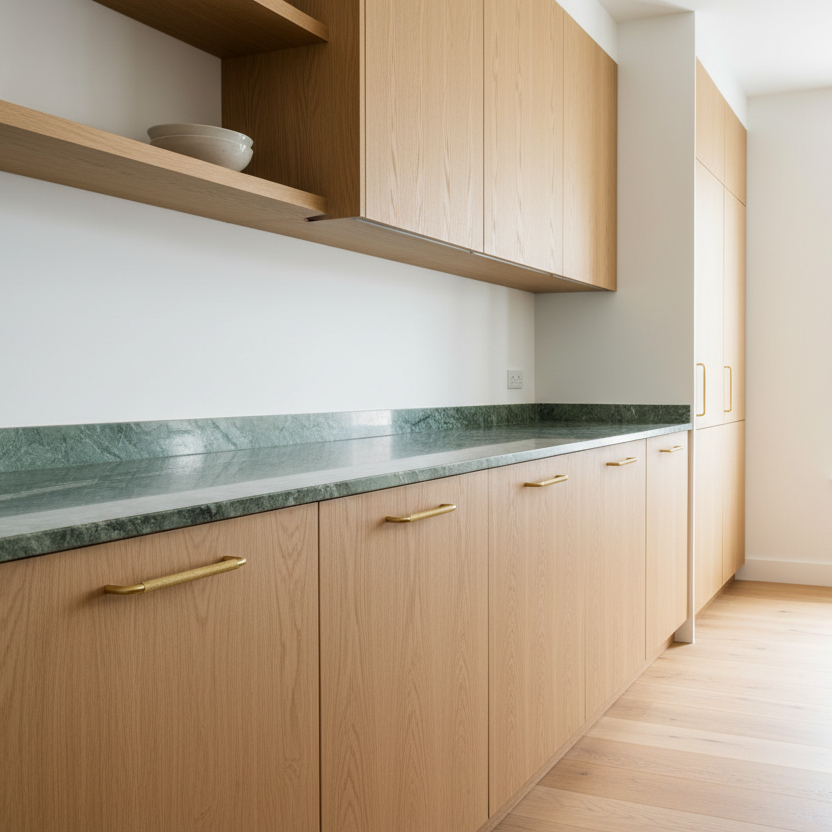 Køkkengreb med diamond cut i børstet messing uden lak - Østerbro • Chr. Jørgensen