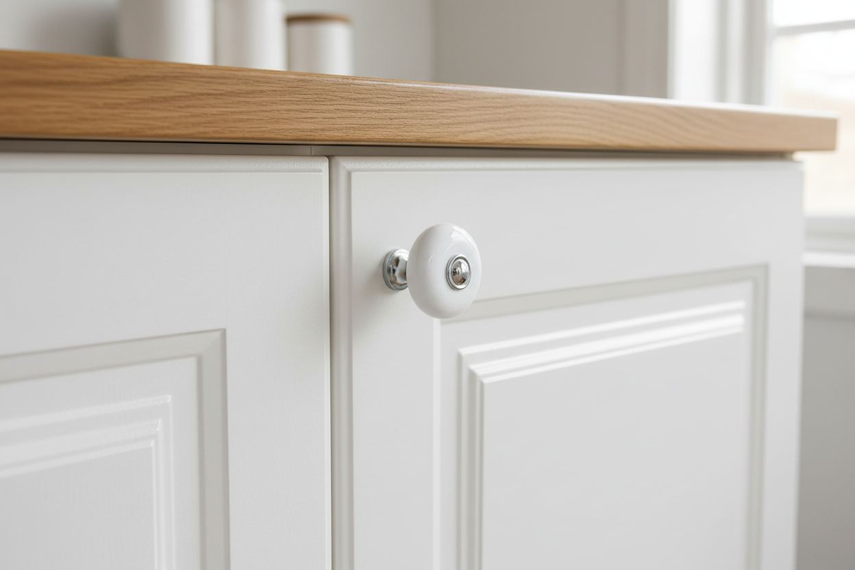 Klassisk porcelænsknop i hvid porcelæn med forkromet fod - Skagen • Chr. Jørgensen - Copenhagenhomedesign