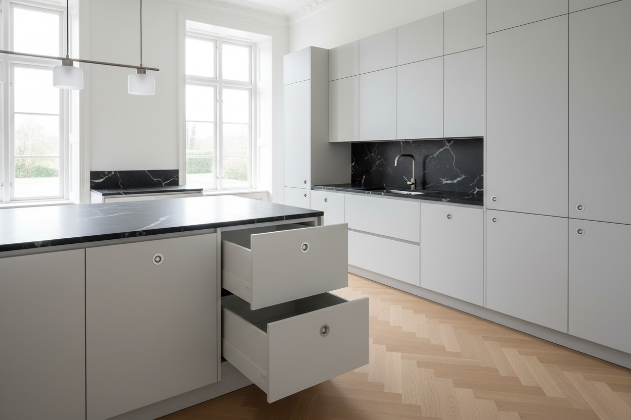 Sønderborg • Skålgreb i børstet rustfrit stål og bakelit i Ø55/60 mm