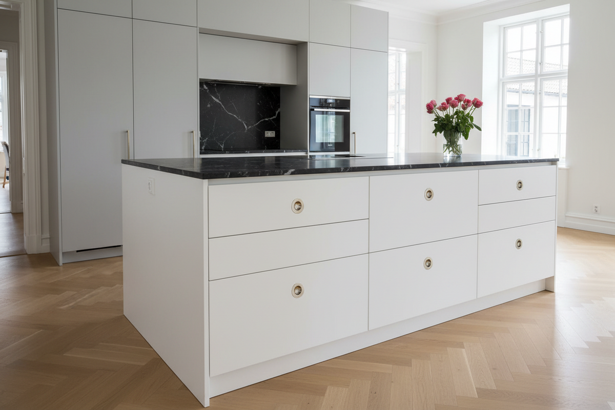 Sønderborg • Skålgreb i børstet rustfrit stål og bakelit i Ø55/60 mm