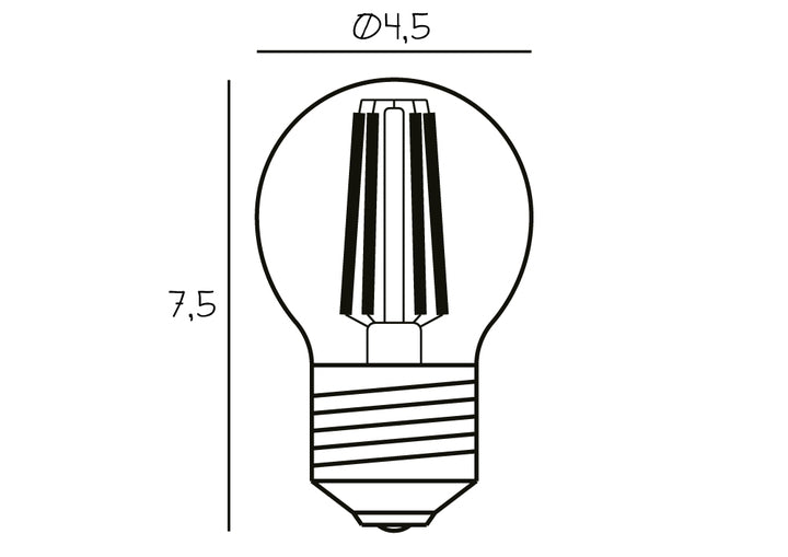 Produkt tegning af lyspære med en højde på 7,5 cm og en diameter på 4,5 cm.