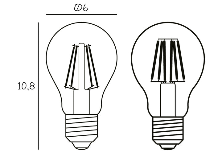Produkt tegning af lyspære med højde på 10,8 cm og diameter på 6 cm.