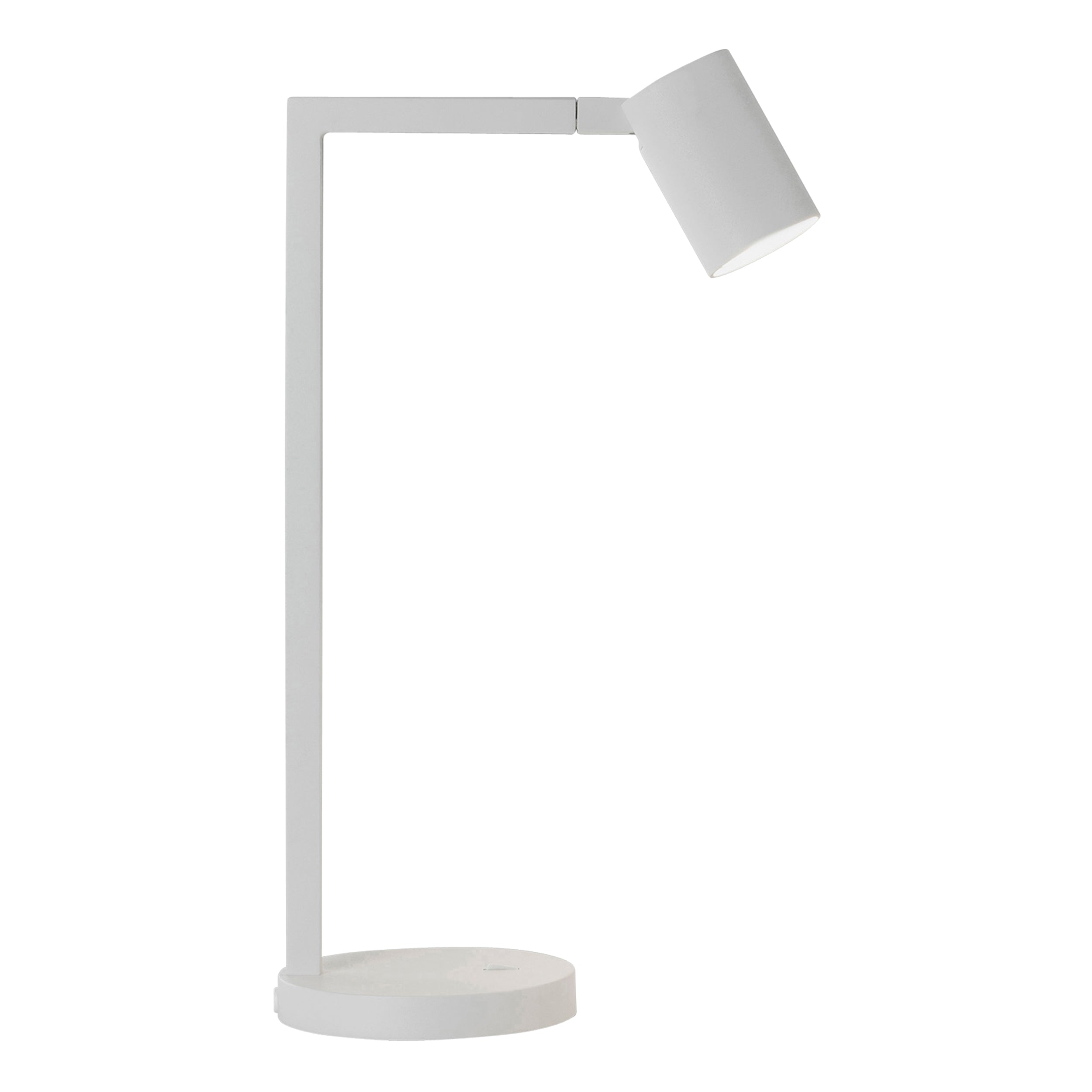 Hvid bordlampe med justerbar hoved. Lampen har et enkelt design med firkantede linjer/vinkler.