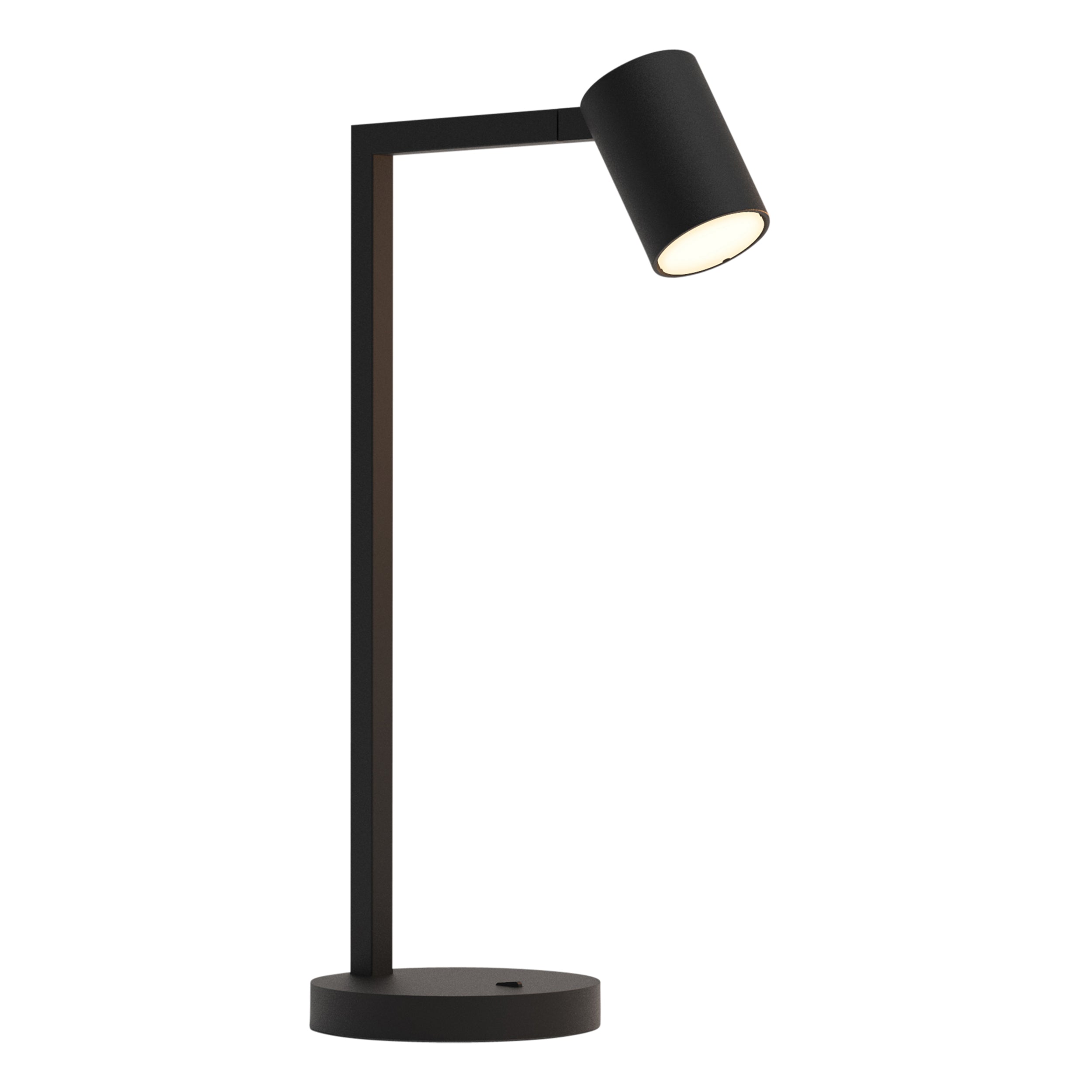 Sort bordlampe med justerbar hoved. Lampen har et enkelt design med firkantede linjer/vinkler.