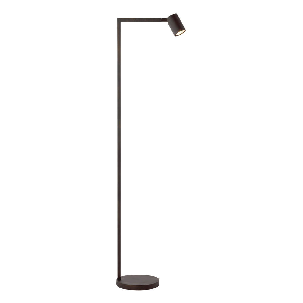 Gulvlampe i bronzefarvet stål med justerbart hoved. Lampen har et enkelt design med firkantede vinkler og en rund fod.