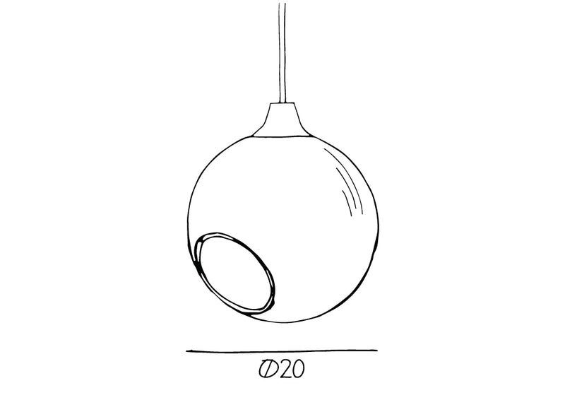 Produkt tegning. Rund lampe i orange/gul glas med et afskåret stykke med kig til pæren. Fatning of rosetten er guldfarvet og ledningen er af sort stof.