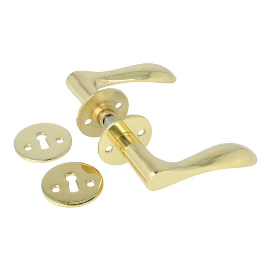 Bellevue dørhåndtag i blank messing uden lak inkl. roset og nøgleskilt c/c 30 mm