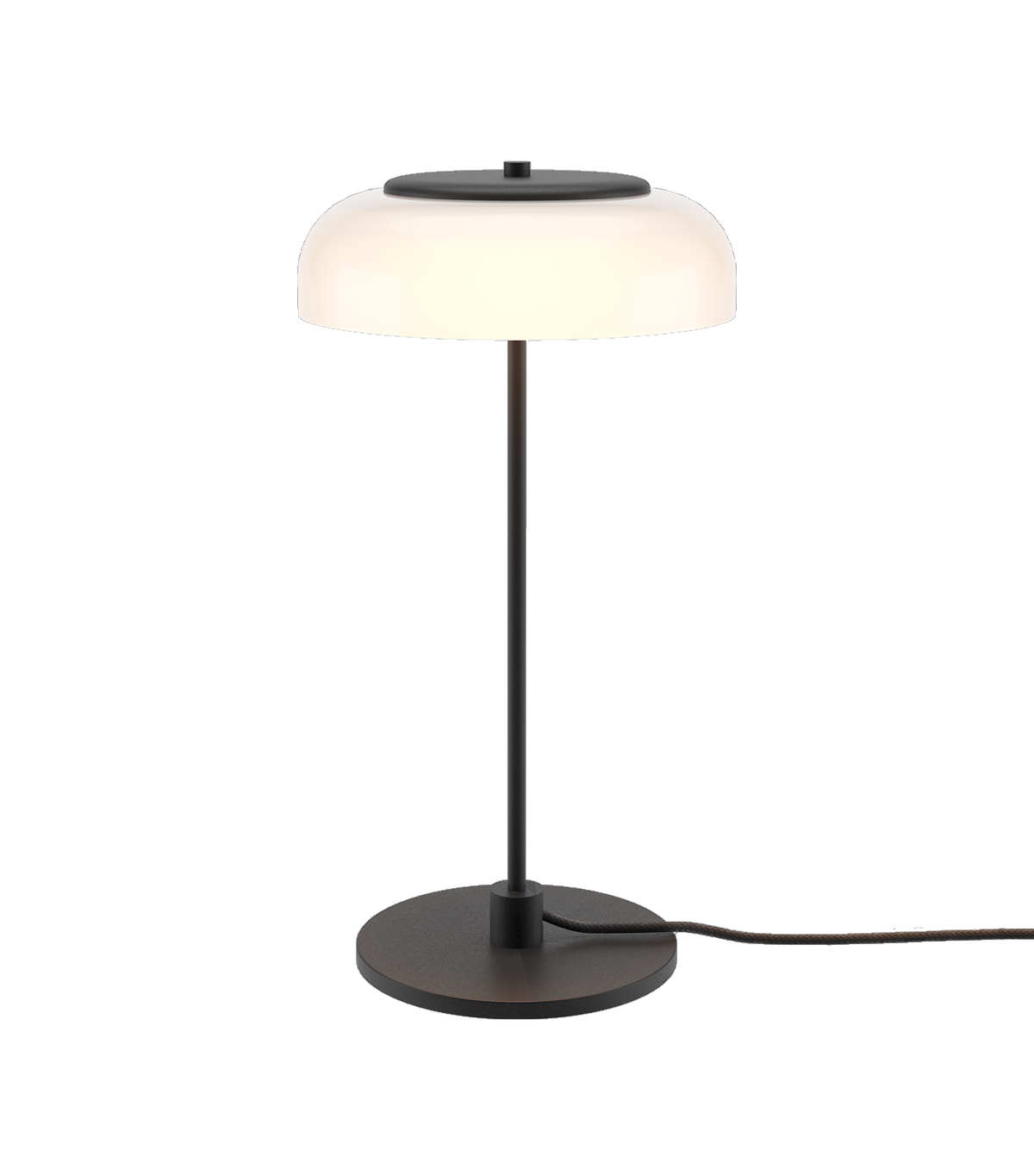 Bordlampe med sort stel og fatning og glasskærm i opalglas, på hvid baggrund.