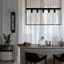 Caged loftlampe med fem pære fra Buster and Punch i sort med bagpanel i hvid marmor.