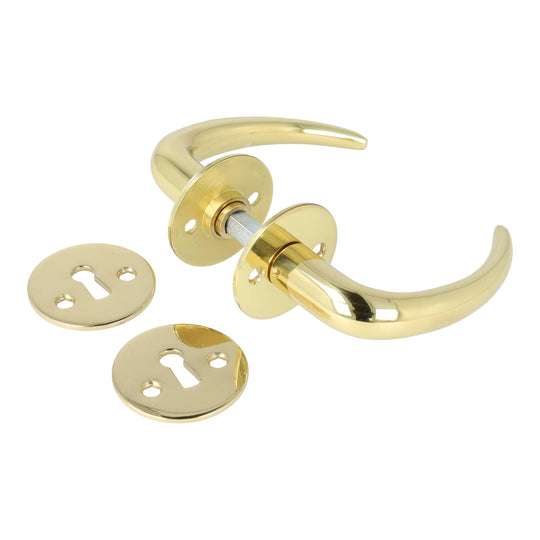 Coupé dørhåndtag i blank messing med lak inkl. roset og nøgleskilt c/c 30 mm