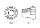 Eyeball produkt tegning som måler 12 cm i diameter og 11 cm i dybden