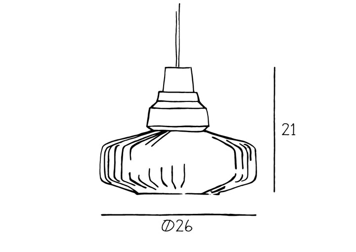 Pendel loftlampe fra Design by Us i bølget smoked glas med sort fatning og ledning. - Produkt tegning.
