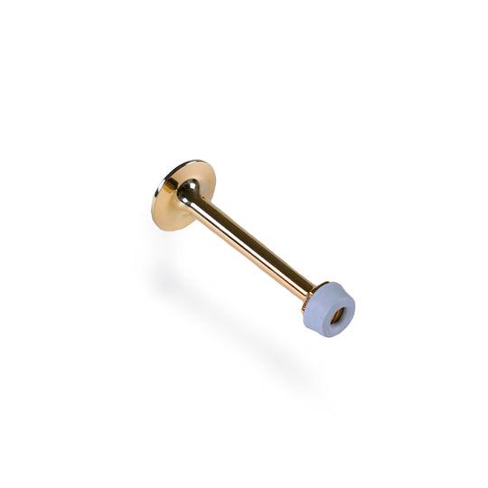 Dørstopper i massiv blank messing uden lak og hætte i grå gummi med skrue. 95 mm