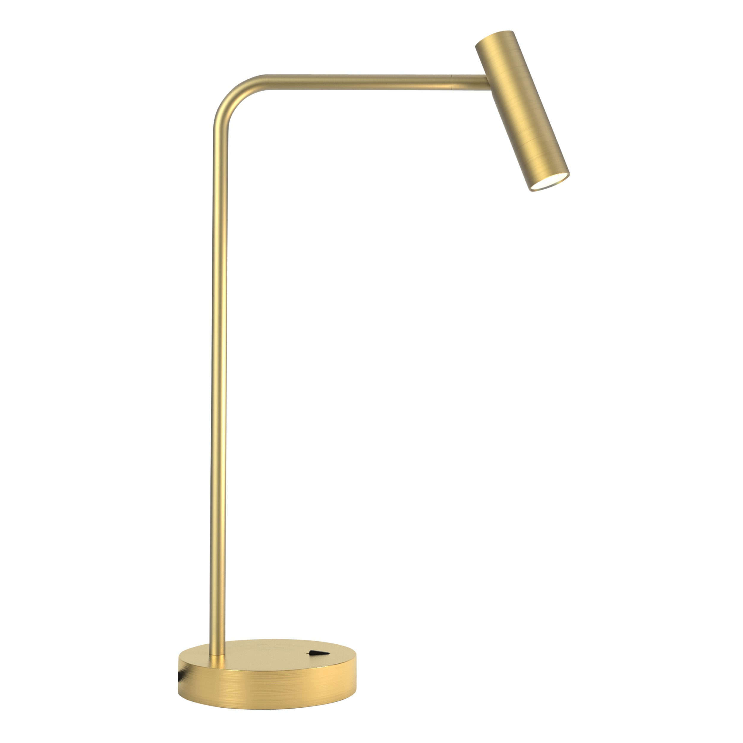 Bordlampe i guldfarvet aluminium med bøjet hals, rund fod og et aflangt, rundt, justerbart hoved.