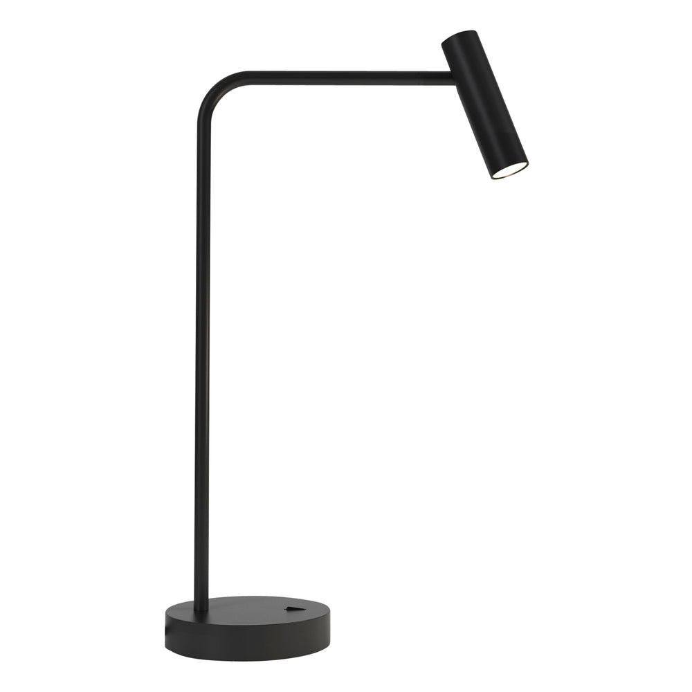 Bordlampe i sort aluminium med bøjet hals, rund fod og et aflangt, rundt, justerbart hoved.