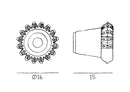 Eyeball produkt tegning som måler 16 cm i diameter og 15 cm i dybden
