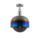 Loftlampe med fatning af stål samt skærm af brændt stål og pære af røgfarvet glas, på hvid baggrund.